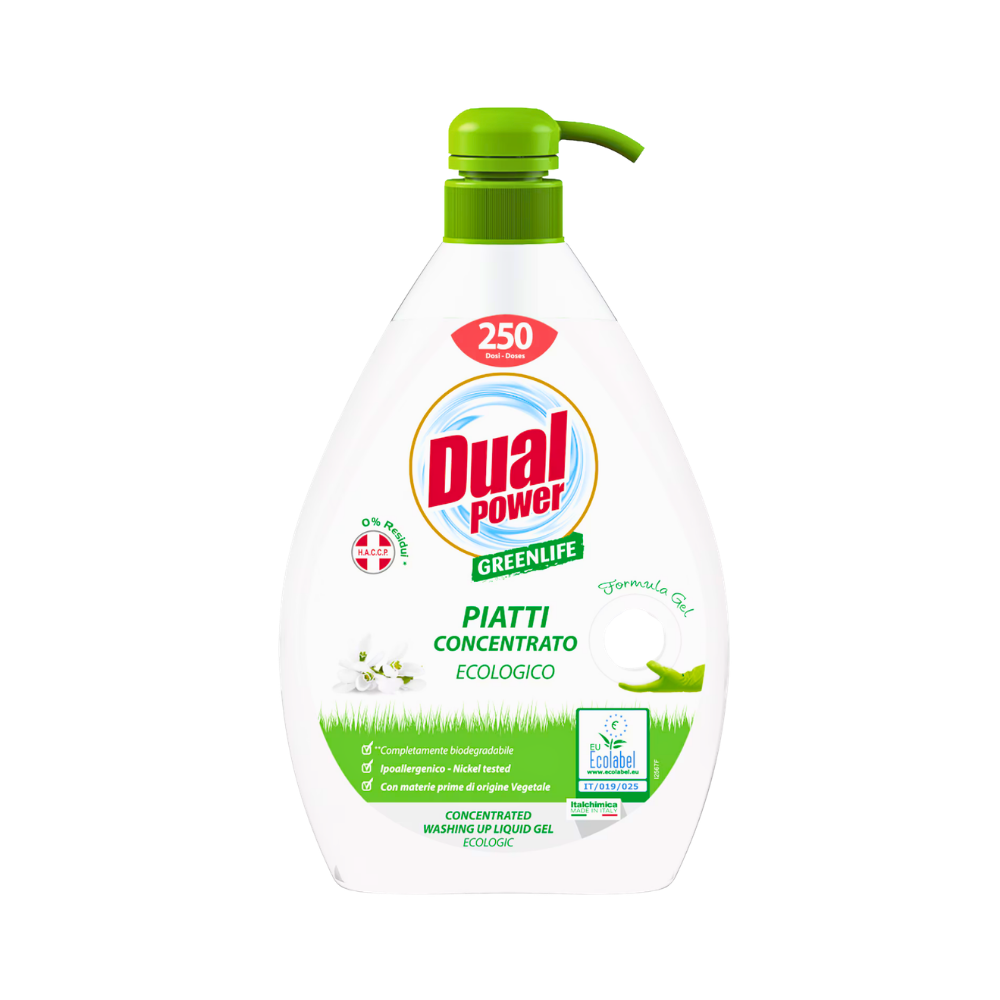 Dual Power Concentrato Ecologico Greenlife 1000 ml – detergent de vase biodegradabil și delicat cu pielea