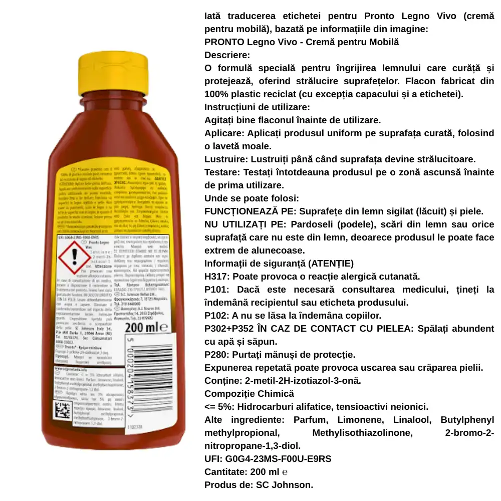 pronto solutie pentru mobilier si lemn crema 200 ml