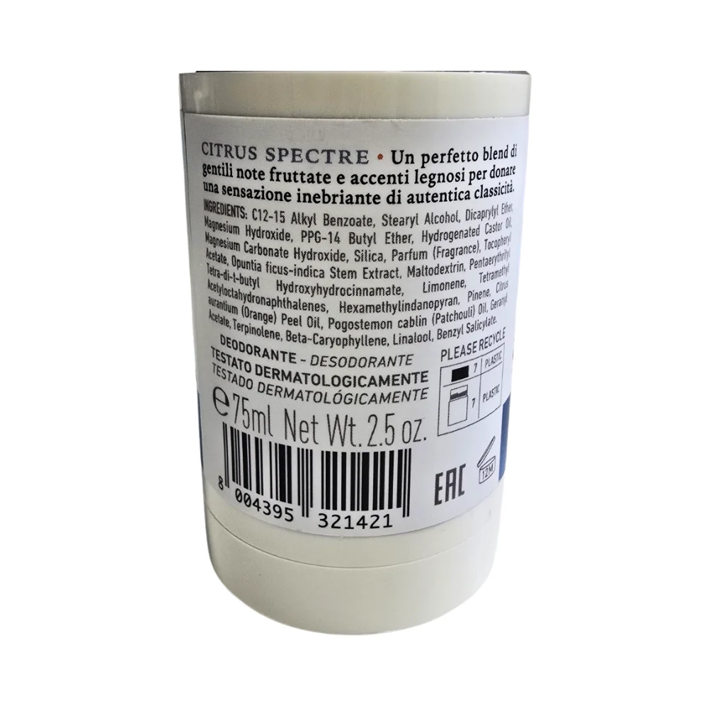 ```html
<h3>Traducere etichetă produs</h3>

<h4>Denumire produs</h4>
<p>Floid Citrus Spectre – Deodorant stick (75 ml)</p>

<h4>Descriere produs</h4>
<p>Un blend perfect de note fructate delicate și accente lemnoase, conceput pentru a oferi o senzație intensă și rafinată de prospețime clasică. Formula Floid combină ingrediente active atent echilibrate pentru a menține echilibrul pielii, oferind protecție, confort și senzație de îngrijire pe parcursul întregii zile.</p>

<h4>Beneficii</h4>
<ul>
<li>Neutralizează mirosurile neplăcute</li>
<li>Oferă prospețime de lungă durată</li>
<li>Parfum elegant, cu note citrice și lemnoase</li>
<li>Contribuie la menținerea echilibrului pielii</li>
<li>Testat dermatologic</li>
</ul>

<h4>Descriere formulă</h4>
<p>Formula conține magneziu, un ingredient de origine naturală cu proprietăți absorbante, care ajută la controlul excesului de transpirație și previne formarea mirosurilor neplăcute.</p>

<h4>Ingrediente (traducere)</h4>
<p>
C12-15 Alkyl Benzoate, Stearyl Alcohol, Dicaprylyl Ether, Magnesium Hydroxide, PPG-14 Butyl Ether, Hydrogenated Castor Oil, Magnesium Carbonate Hydroxide, Silica, Parfum (Fragrance), Tocopheryl Acetate (vitamina E), Opuntia ficus-indica Stem Extract (extract de cactus), Maltodextrin, Pentaerythrityl Tetra-di-t-butyl Hydroxyhydrocinnamate, Limonene, Tetramethyl Acetyloctahydronaphthalenes, Hexamethylindanopyran, Pinene, Citrus aurantium (Orange) Peel Oil, Pogostemon cablin (Patchouli) Oil, Geranyl Acetate, Terpinene, Beta-Caryophyllene, Linalool, Benzyl Salicylate.
</p>

<h4>Mod de utilizare</h4>
<p>Aplicați pe pielea curată și uscată, în zona axilelor. Reaplicați la nevoie.</p>

<h4>Alte informații</h4>
<p>Testat dermatologic</p>
<p>Cantitate: 75 ml (2.5 oz)</p>
<p>Perioadă de valabilitate după deschidere: 12 luni</p>
<p>Produs în Italia</p>
```
